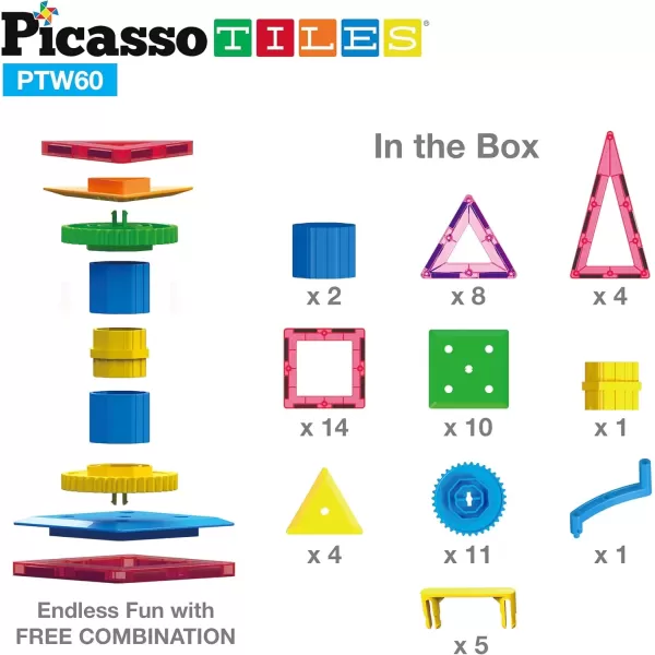 imagePicassoTiles PTW60 2in1 60pcs 3D Magnetic Tile ampamp Gear Spinning Wheel Learning STEM Building Toy Magnet Construction Toy Educational Engineering Playset wWheel Geer Magnetic Tiles for Preschool