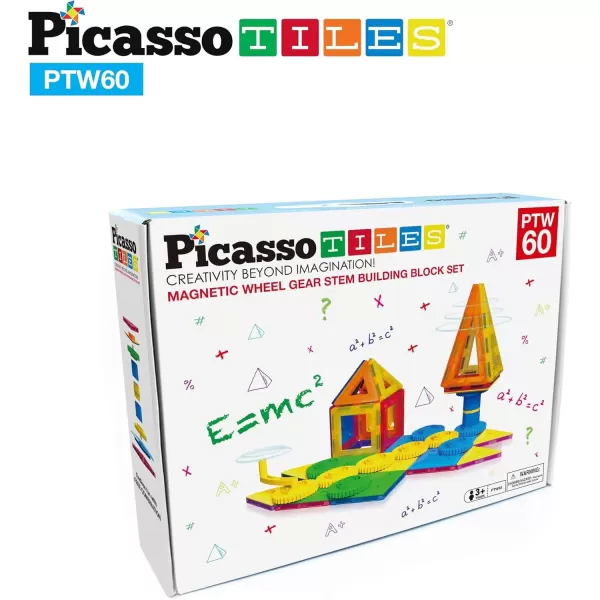 imagePicassoTiles PTW60 2in1 60pcs 3D Magnetic Tile ampamp Gear Spinning Wheel Learning STEM Building Toy Magnet Construction Toy Educational Engineering Playset wWheel Geer Magnetic Tiles for Preschool