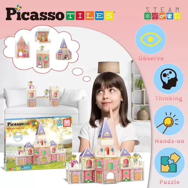 imagePicassoTiles Princess Castle Theme Magnet Tile Building Blocks 2 Action Figures Magnetic Construction Toy Double Sided Printing Education STEM Learning Playset Fantasy Adventure Boy Girl Age 3 PTQ04