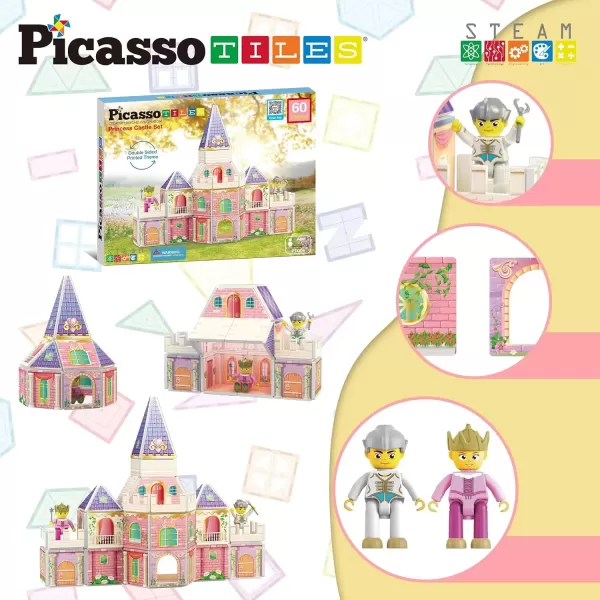 imagePicassoTiles Princess Castle Theme Magnet Tile Building Blocks 2 Action Figures Magnetic Construction Toy Double Sided Printing Education STEM Learning Playset Fantasy Adventure Boy Girl Age 3 PTQ04