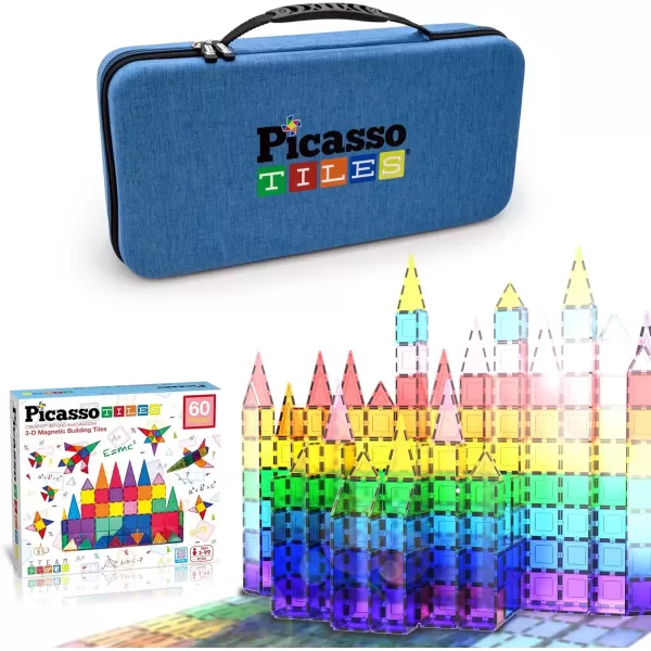 imagePicassoTiles 60PC Magnetic Tiles  Carry Case Bundle STEAM Educational Playset for Kids Includes Travel Storage Organizer  Fun Learning Construction Toy Engineering Design Sensory Development
