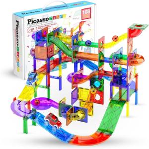 imagePicassoTiles 108pc 3in1 Marble Run Car Race Track Combo Magnetic Tiles PicassoToys Magnet Building Block Educational Construction Toy Playset STEM STEAM Learning Kit Child Brain Development PTG108