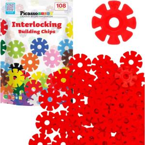 imagePicassoTiles Building Chips Interlocking Disc Construction Blocks in 12 Colors STEM Learning Early Education Toy Engineering Playset Child Brain Development for Toddlers Girls Boys Kids Age 3 PTF108Red Color
