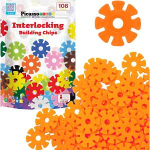 imagePicassoTiles Building Chips Interlocking Disc Construction Blocks in 12 Colors STEM Learning Early Education Toy Engineering Playset Child Brain Development for Toddlers Girls Boys Kids Age 3 PTF108Orange Color