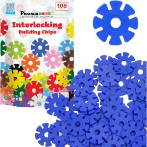 imagePicassoTiles Building Chips Interlocking Disc Construction Blocks in 12 Colors STEM Learning Early Education Toy Engineering Playset Child Brain Development for Toddlers Girls Boys Kids Age 3 PTF108Blue Color