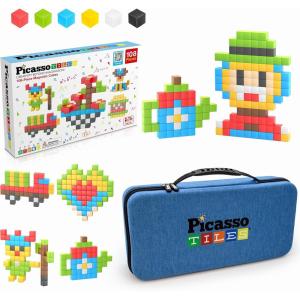 imagePicassoTiles 108PC Magnetic Puzzle Cube  Toys Carrying Case 1quot Pixel Mix ampamp Match Cubes wFree Idea Book Sensory Toys Magnetic Tiles Construction Block Travel Bag Waterproof Storage Organizer Box
