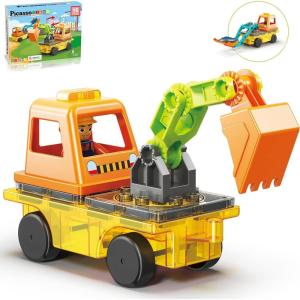 imagePicassoTiles 2 Piece Car Truck Construction Kit Toy Set Vehicle for Magnetic Blocks Building Tile Sensory Magnet Toys with ReEnforced Hitch ampamp Long Bed Educational Puzzle Girls Boys Toddlers Ages 3Excavator  Backhoe Brick