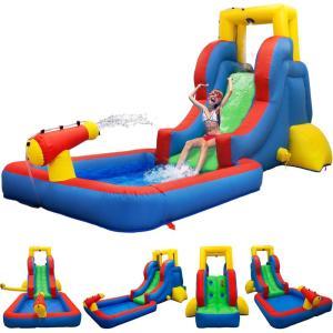 imagePicassoTiles KC108 Water Slide Park Inflatable Bouncing House wPool Area Splash Zone Climbing Wall Shower Head Sprays Mounts Water Cannon Mount and Heavy Duty GFCI ETL Certified 385W Blower