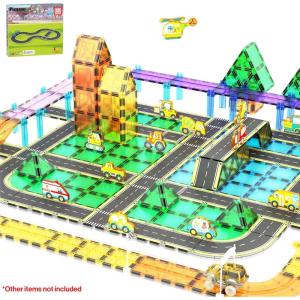 imagePicassoTiles Magnetic Race Track Toys Car Tracks Set for Toddlers Magnet Building Blocks Tiles Sensory Toys for Kids Include 2 Trucks STEM Engage in Thrilling Races Age 3 Year Old Boys Girlsspeedway