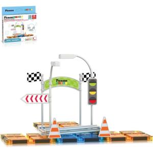 imagePicassoTiles Magnetic Race Track Toys Car Tracks Set for Toddlers Magnet Building Blocks Tiles Sensory Toys for Kids Include 2 Trucks STEM Engage in Thrilling Races Age 3 Year Old Boys GirlsTraffic Sign
