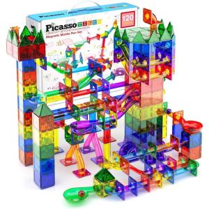 imagePicassoTiles Marble Run 120 Piece Magnetic Building Blocks Magnet Tile Construction Toy Playset STEM Learning Educational Block Child Brain Development Kids Toys for Boys and Girls Age 3 and UpPTG120