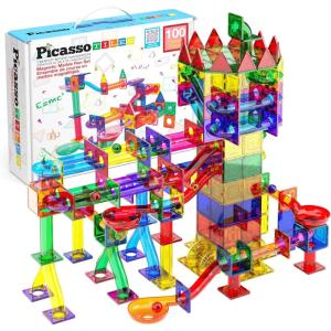 imagePicassoTiles Marble Run 120 Piece Magnetic Building Blocks Magnet Tile Construction Toy Playset STEM Learning Educational Block Child Brain Development Kids Toys for Boys and Girls Age 3 and UpPTG100