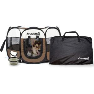 imagePicassoTiles PET4FUN 29 Portable Pet Puppy Dog Cat Animal Playpen Yard Crates Kennel wPremium 600D Oxford Cloth ToolFree Setup Carry Bag Removable Security Mesh CoverShade 2 Storage PocketsBrown