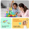 imagePicasssoTiles 72 Piece Magnetic Building Tiles Castle Winter Ice Theme Construction Magnet Block Set with Princess Prince Character Stairs Windows Doors STEM Learning Educational Toy Kids Ages 3 PT72152PC