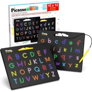 imagePicassoTiles 2in1 Magnetic Drawing Board Toy 12x10 inch Large Magnet Bead Tablet Pad with 2 Facings Alphabet STEM Free Style Educational Erasable ampamp Reusable Learning Writing Playboard in Black PTB04DualAlphabet