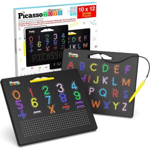 imagePicassoTiles 2in1 Magnetic Drawing Board Toy 12x10 inch Large Magnet Bead Tablet Pad with 2 Facings Alphabet STEM Free Style Educational Erasable ampamp Reusable Learning Writing Playboard in Black PTB04AlphabetMath