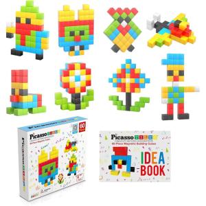 imagePicassoTiles 60 Pieces 1quot Magnetic Building Blocks 3D Construction Cubes Magnet Sensory Toys Gifts with Free Idea Book for Kids Toddlers ampamp Babies  PMC60