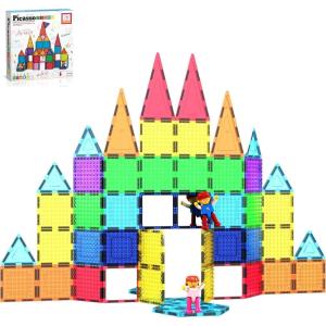 imagePicassoTiles 63 Pcs Magnetic Building Block Tiles with 2 Character Figures Construction Stacking STEM 3D Toy Set Creative Educational Learning Kit Magnet Montessori Playset for Kids ampamp Toddlers Ages 363pc
