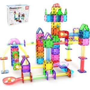 imagePicassoTiles 70 PCs Marble Run Maze Race Track Magnetic Tiles Magnet Building Block Educational Construction Toy Playset STEM Learning Kit Child Brain Development Hand Eye Coordination Training PTG70PTG70