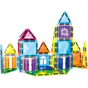 imagePicassoTiles Magnet Tile Building Blocks 48 Piece Travel Sized Playset with Windows and Clipon Doors Construction Stacking Magnetic Tiles Block Learning Educational STEM Toy Boys Girls Age 3 PTM48