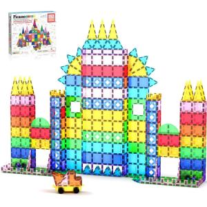 imagePicasssoTiles 72 Piece Magnetic Building Tiles Castle Winter Ice Theme Construction Magnet Block Set with Princess Prince Character Stairs Windows Doors STEM Learning Educational Toy Kids Ages 3 PT72152PC