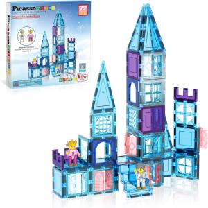imagePicasssoTiles 72 Piece Magnetic Building Tiles Castle Winter Ice Theme Construction Magnet Block Set with Princess Prince Character Stairs Windows Doors STEM Learning Educational Toy Kids Ages 3 PT72Winter Ice