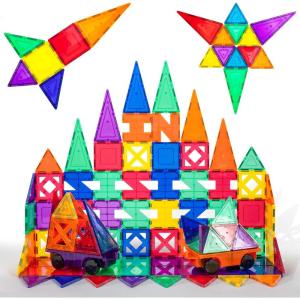 imagePicasssoTiles 72 Piece Magnetic Building Tiles Castle Winter Ice Theme Construction Magnet Block Set with Princess Prince Character Stairs Windows Doors STEM Learning Educational Toy Kids Ages 3 PT7282PC