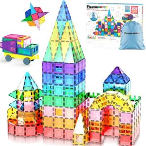imagePicasssoTiles 72 Piece Magnetic Building Tiles Castle Winter Ice Theme Construction Magnet Block Set with Princess Prince Character Stairs Windows Doors STEM Learning Educational Toy Kids Ages 3 PT72101PC wCarBag