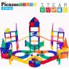 imagePicassoTiles 150PC Magnetic Race Car Track  3 LED Light Up Truck Cars  6PC Expansion Ramp Tiles Mega Bundle STEAM Learning Enhance Construction Skills HandEye Coordination and Fine Motor Skills