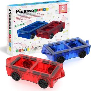 imagePicassoTiles 2 Piece Car Mini Truck Construction Kit Toy Set Vehicle for Magnetic Blocks Building Tile Sensory Magnet Toys Bricks STEM ampamp Learning Educational School Puzzle Girls Boys Toddlers Ages 3Red  Blue