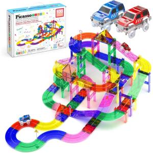 imagePicassoTiles Magnetic Tiles Race Car Track Kit Parking Garage Expansion Pack with 2 Cars Magnet Tile Building Blocks Educational Toy Learning Kit Pretend Play Construction Set Kids Child Ages 3 PTR07100 Pcs Race Car Track Set