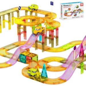imagePicassoTiles 60pc Magnetic Tile Race Car Track Set STEM Construction Road Kit Building Blocks for Kids Toddlers Age 3 Plus Educational Travel Toy Sensory Preschool Learning for Boys and Girls PTMR6060pc Race Car Track Magnetic Tiles