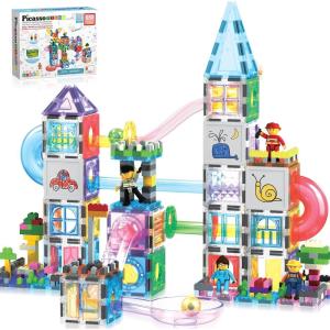 imagePicassoTiles 650PCS Magnetic Marble Run Tiles and Brick Combo Magnet Tile Building Blocks Magnet Set with Character Action Figures Educational Preschool Learning Toys for Kids Toddlers Ages 3 PB650650pc combo