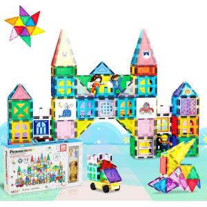 imagePicassoTiles Mega Magnetic Building Block 350 Piece Set Magnet Tile Construction Blocks with Car Base Character Figures Markers Whiteboard 110 Page Ideabook Included for Ages 3 Up STEM Learning350 Pcs With Car and Figures