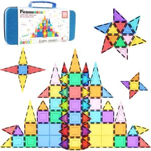 imagePicassoTiles Mega Magnetic Building Block 350 Piece Set Magnet Tile Construction Blocks with Car Base Character Figures Markers Whiteboard 110 Page Ideabook Included for Ages 3 Up STEM LearningRed