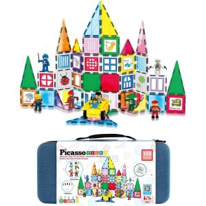 imagePicassoTiles Mega Magnetic Building Block 350 Piece Set Magnet Tile Construction Blocks with Car Base Character Figures Markers Whiteboard 110 Page Ideabook Included for Ages 3 Up STEM Learning101pcs With Case and Figures