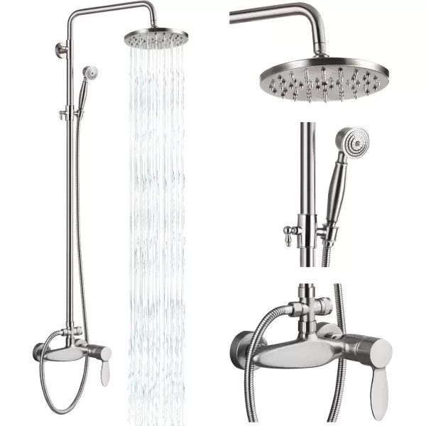 imageExposed Brushed Nickel Shower Fixture System Shower Faucet Set 8 Inch Round Rainfall Shower Head Exposed Single Handle Dual Function