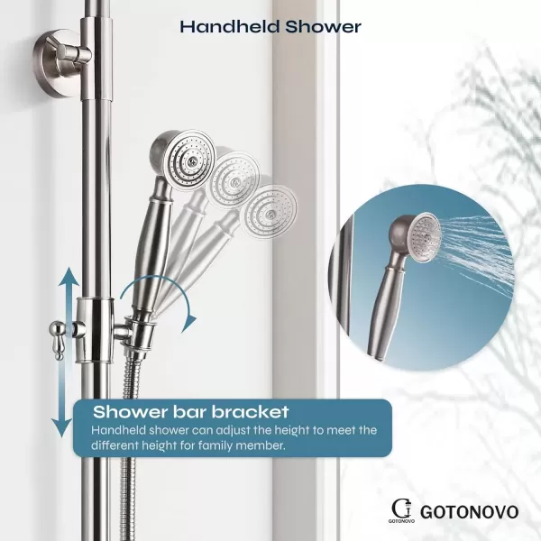 imageExposed Brushed Nickel Shower Fixture System Shower Faucet Set 8 Inch Round Rainfall Shower Head Exposed Single Handle Dual Function