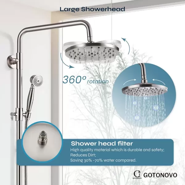 imageExposed Brushed Nickel Shower Fixture System Shower Faucet Set 8 Inch Round Rainfall Shower Head Exposed Single Handle Dual Function