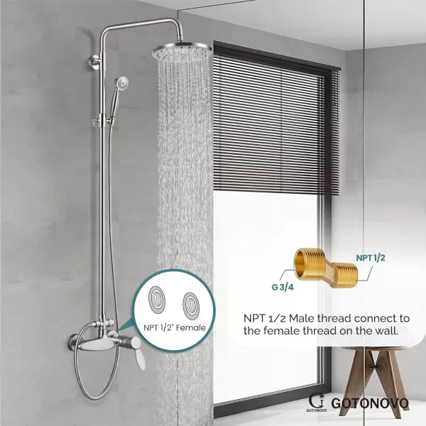 imageExposed Brushed Nickel Shower Fixture System Shower Faucet Set 8 Inch Round Rainfall Shower Head Exposed Single Handle Dual Function