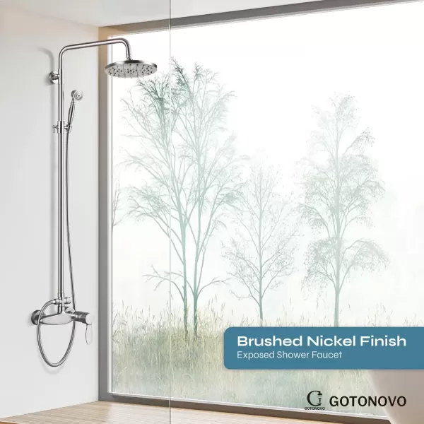 imageExposed Brushed Nickel Shower Fixture System Shower Faucet Set 8 Inch Round Rainfall Shower Head Exposed Single Handle Dual Function