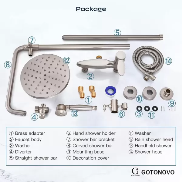 imageExposed Brushed Nickel Shower Fixture System Shower Faucet Set 8 Inch Round Rainfall Shower Head Exposed Single Handle Dual Function