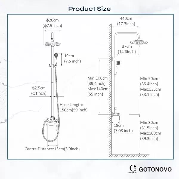 imageExposed Brushed Nickel Shower Fixture System Shower Faucet Set 8 Inch Round Rainfall Shower Head Exposed Single Handle Dual Function