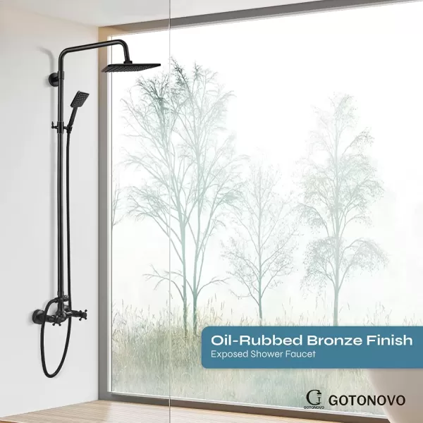 imageExposed Shower Fixture System Set Combo with ABS Handheld Shower Oil Rubbed Bronzed 8 Rain Square Shower Head 2 Double Knobs Handle Dual Function Outdoor Shower Faucet Unit SetNo Tub Spout