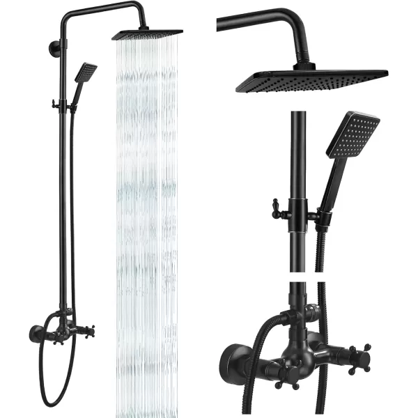 imageExposed Shower Fixture System Set Combo with ABS Handheld Shower Oil Rubbed Bronzed 8 Rain Square Shower Head 2 Double Knobs Handle Dual Function Outdoor Shower Faucet Unit SetNo Tub Spout