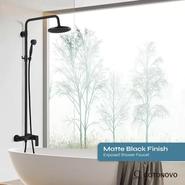 imageMatte Black Exposed Shower System Set 8 Rain Shower Single HandleTriple Function Tub Spout Shower Faucet Fixture Combo Unit SetCircle