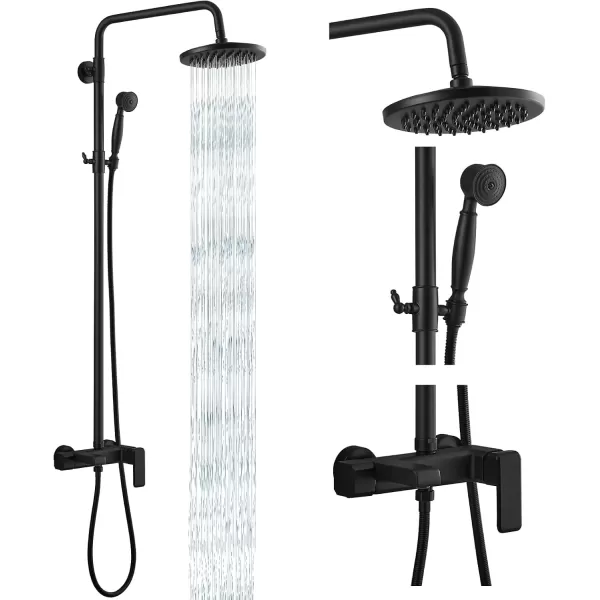 imageMatte Black Exposed Shower System Set 8 Rain Shower Single HandleTriple Function Tub Spout Shower Faucet Fixture Combo Unit SetCircle