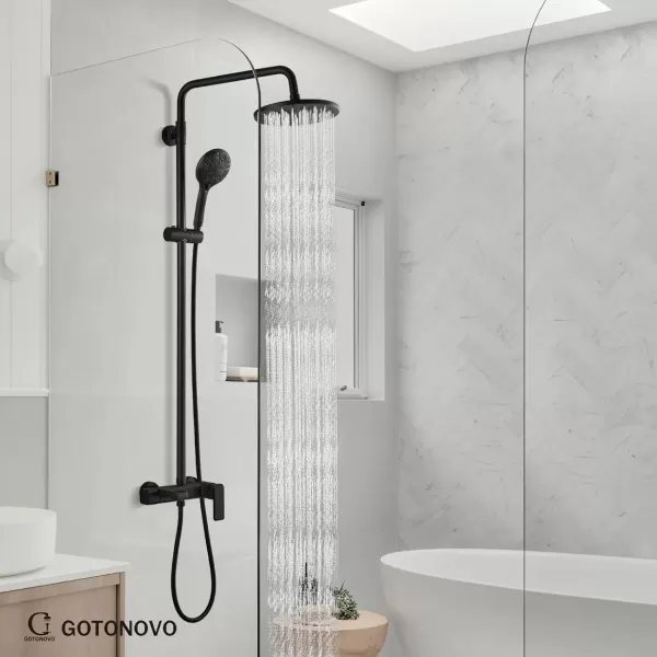 imageMatte Black Exposed Shower System Set 8 Rain Shower Single HandleTriple Function Tub Spout Shower Faucet Fixture Combo Unit SetRound Shower Head