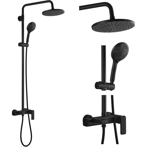 imageMatte Black Exposed Shower System Set 8 Rain Shower Single HandleTriple Function Tub Spout Shower Faucet Fixture Combo Unit SetRound Shower Head