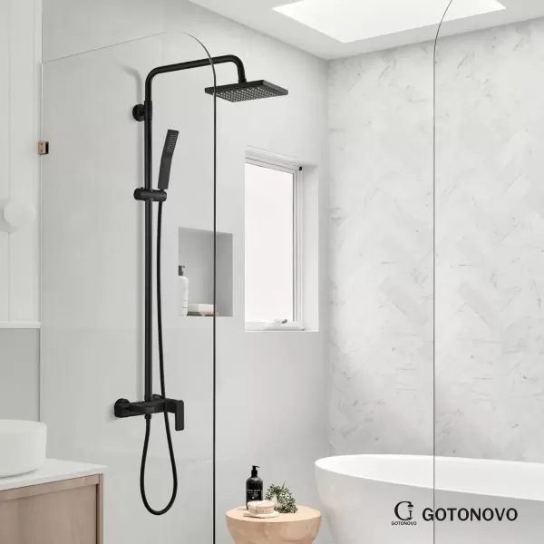 imageMatte Black Exposed Shower System Set 8 Rain Shower Single HandleTriple Function Tub Spout Shower Faucet Fixture Combo Unit SetSquare